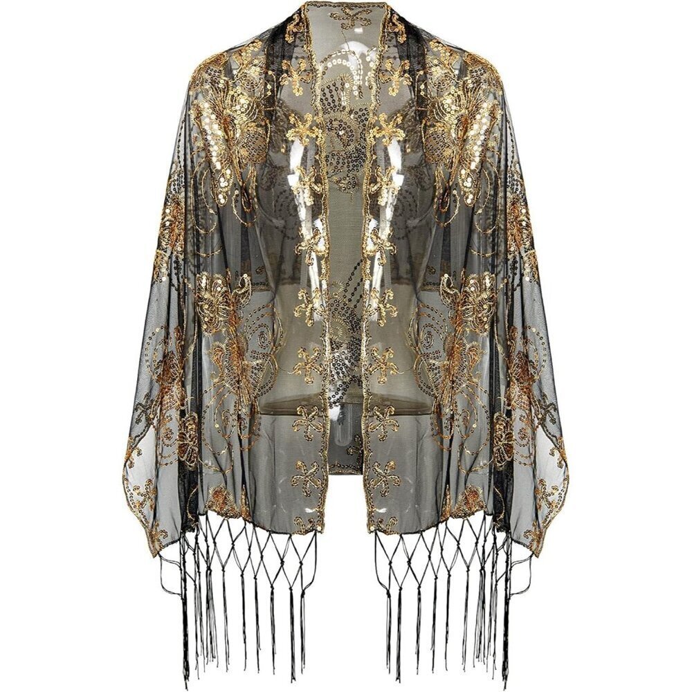 BABEYOND 1920s Sequined Peacock Shawl Wrap, Fringed Evening Cape for Weddings